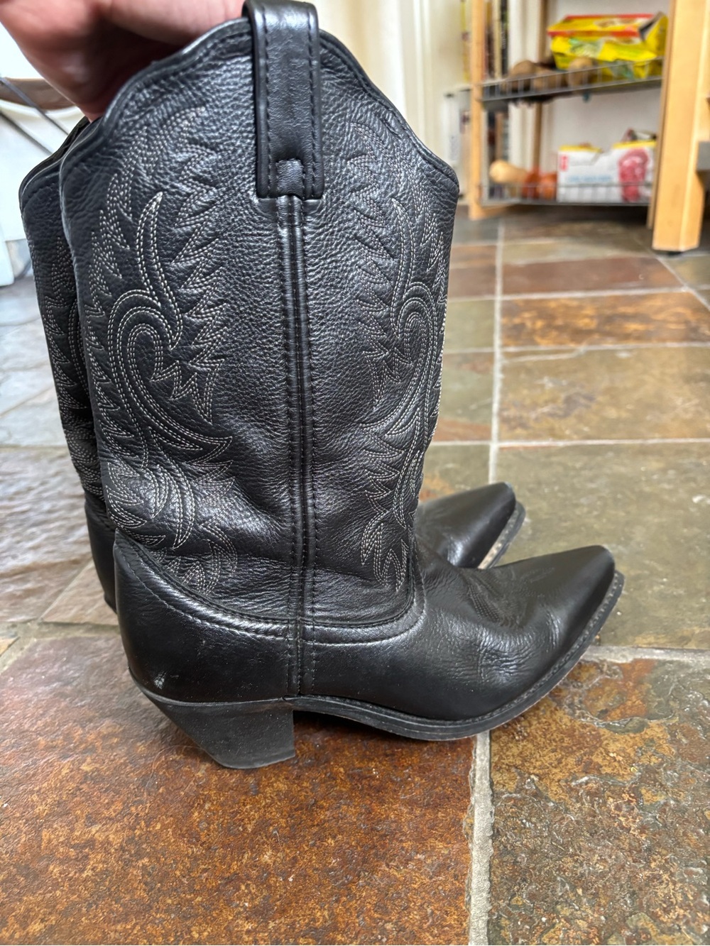 Women’s Black Leather Western Combat Boots with Embroidered Shaft